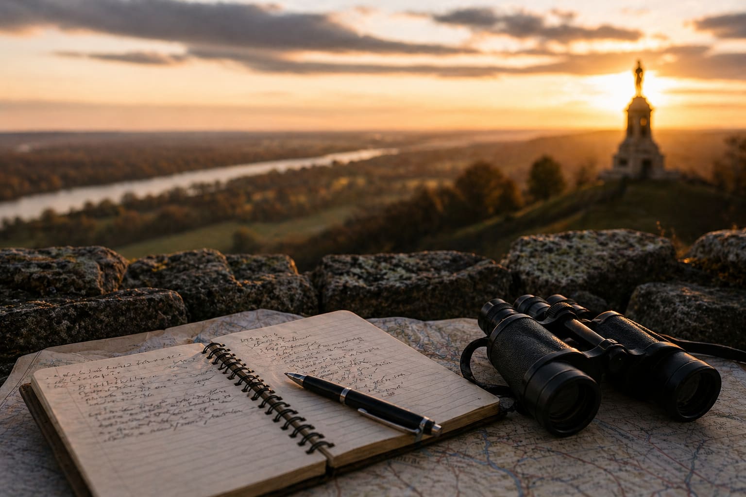 A field notebook and binoculars overlooking the Fredericksburg battlefield at sunrise