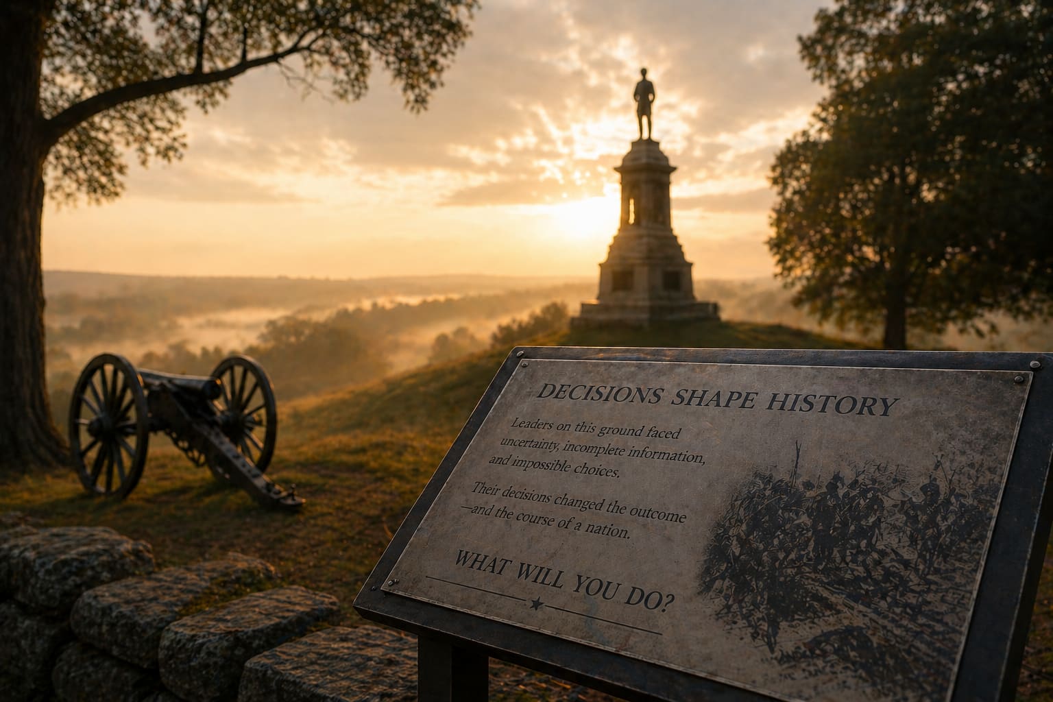 A battlefield marker reading Decisions Shape History at Fredericksburg